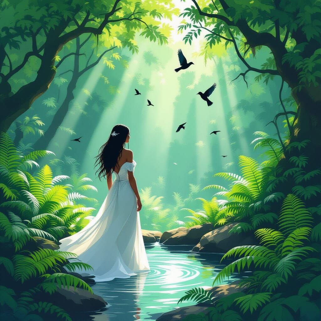 Serene Woman at Hidden Spring in Dreamlike Style