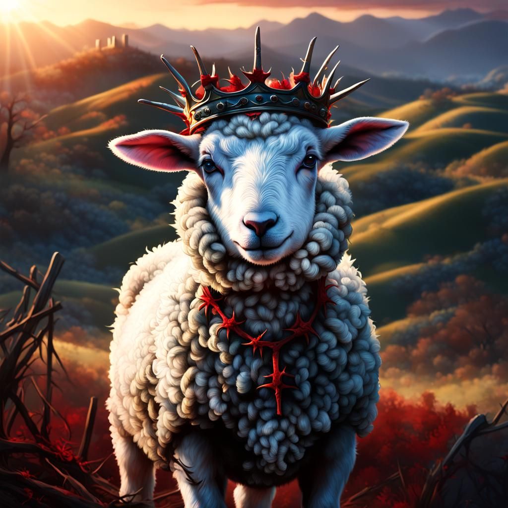 Realistic Photo of a proud lamb wearing a ((crown of Thorns,...