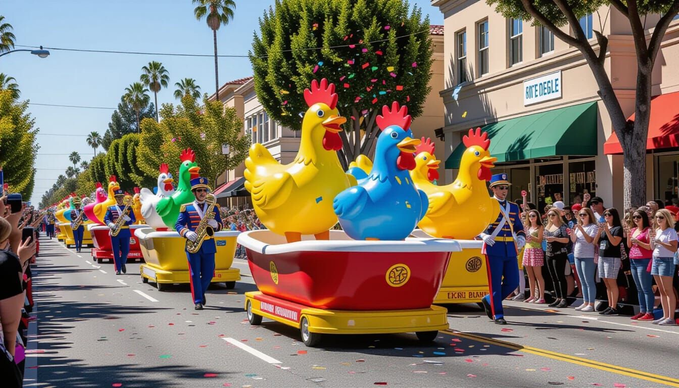 Whimsical Pasadena Parade with Absurd Floats and Costumes