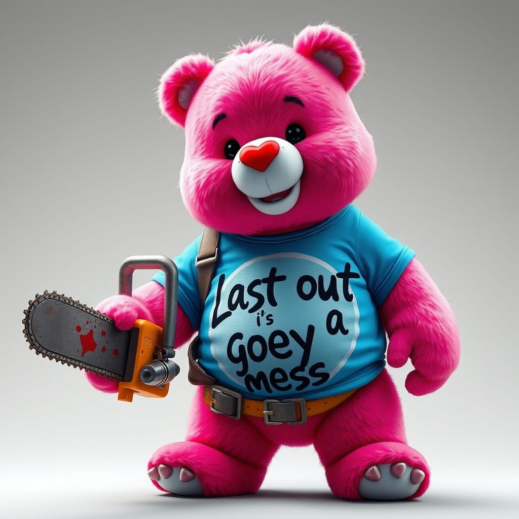 Whimsical Pink Bear Wields Chain Saw with Edgy Flair