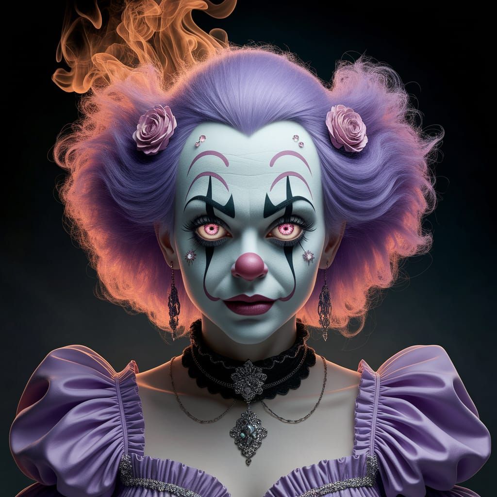 Ethereal Gothic Lavender Clown Woman at Dark Circus