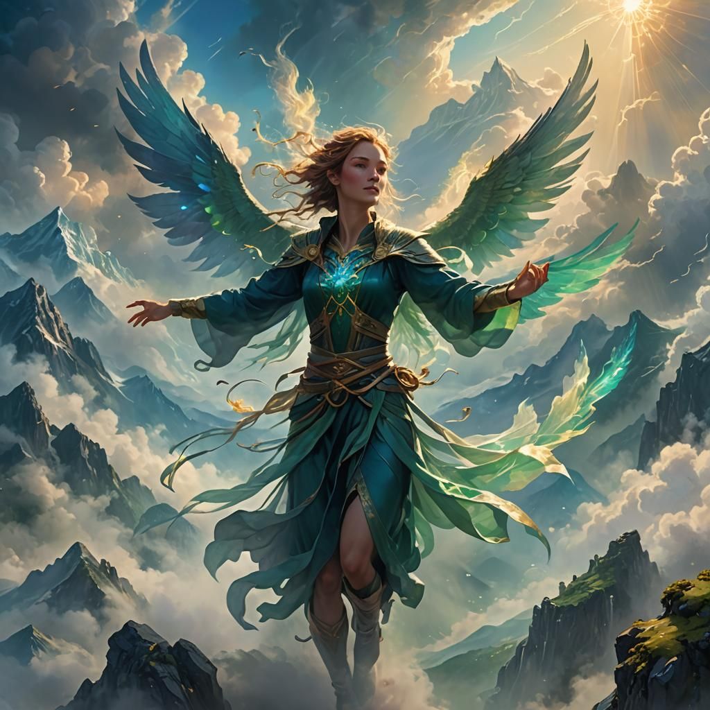 Winged Figure Rises in Ethereal Fantasy Landscape
