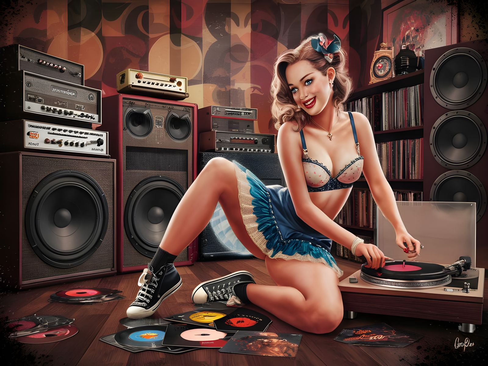Vintage Woman Listening to Rock 'n' Roll in Pin-Up Style