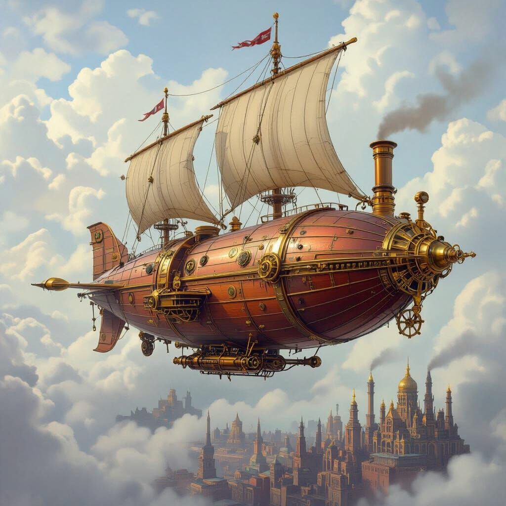 Steampunk Airship Soaring Above Industrial Cityscape