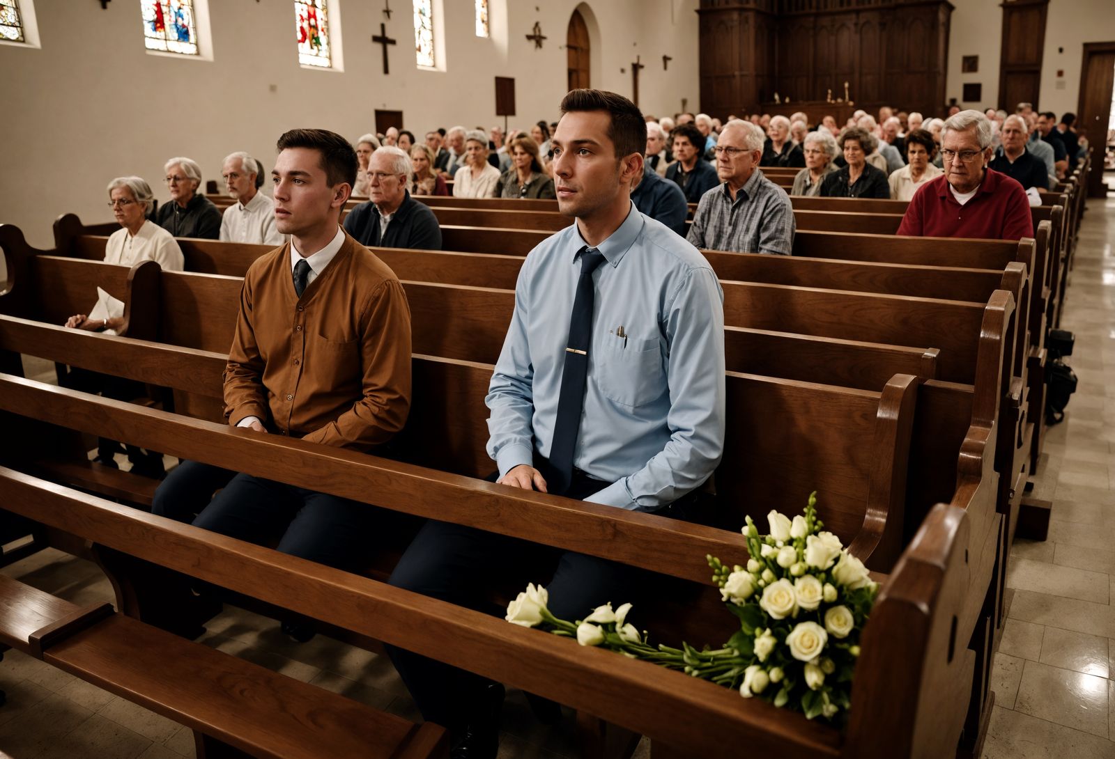 Parishioners in Church Pews in Hyperrealistic Style