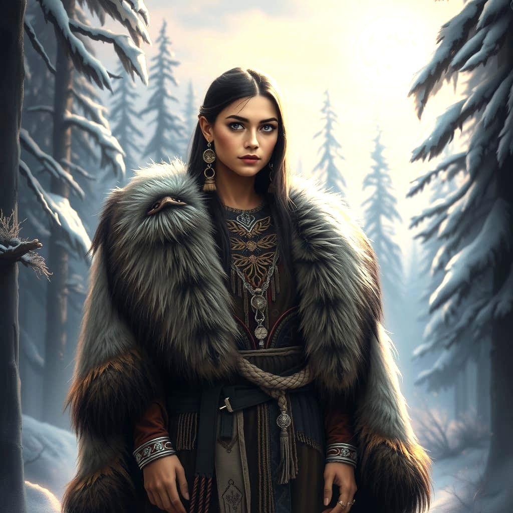 A hot woman in traditional Native American clothing, adorned...