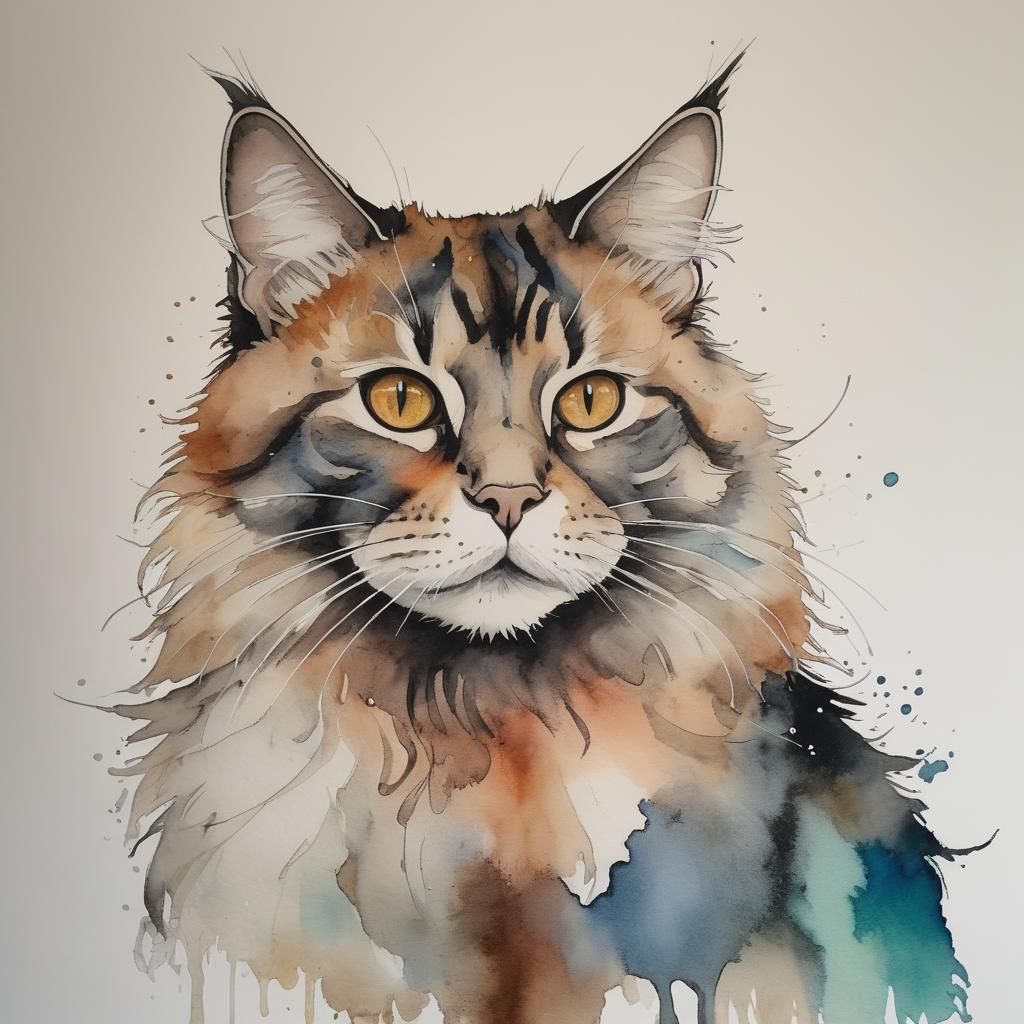 Maine Coon Cat in Watercolor Alcohol Ink
