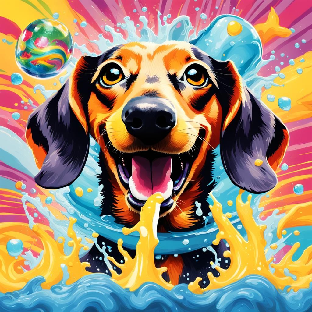 Lisa Frank Inspired Dachshund with Water