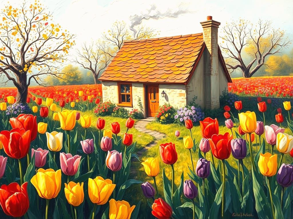 Cozy Home and Tulip Field Oil Painting