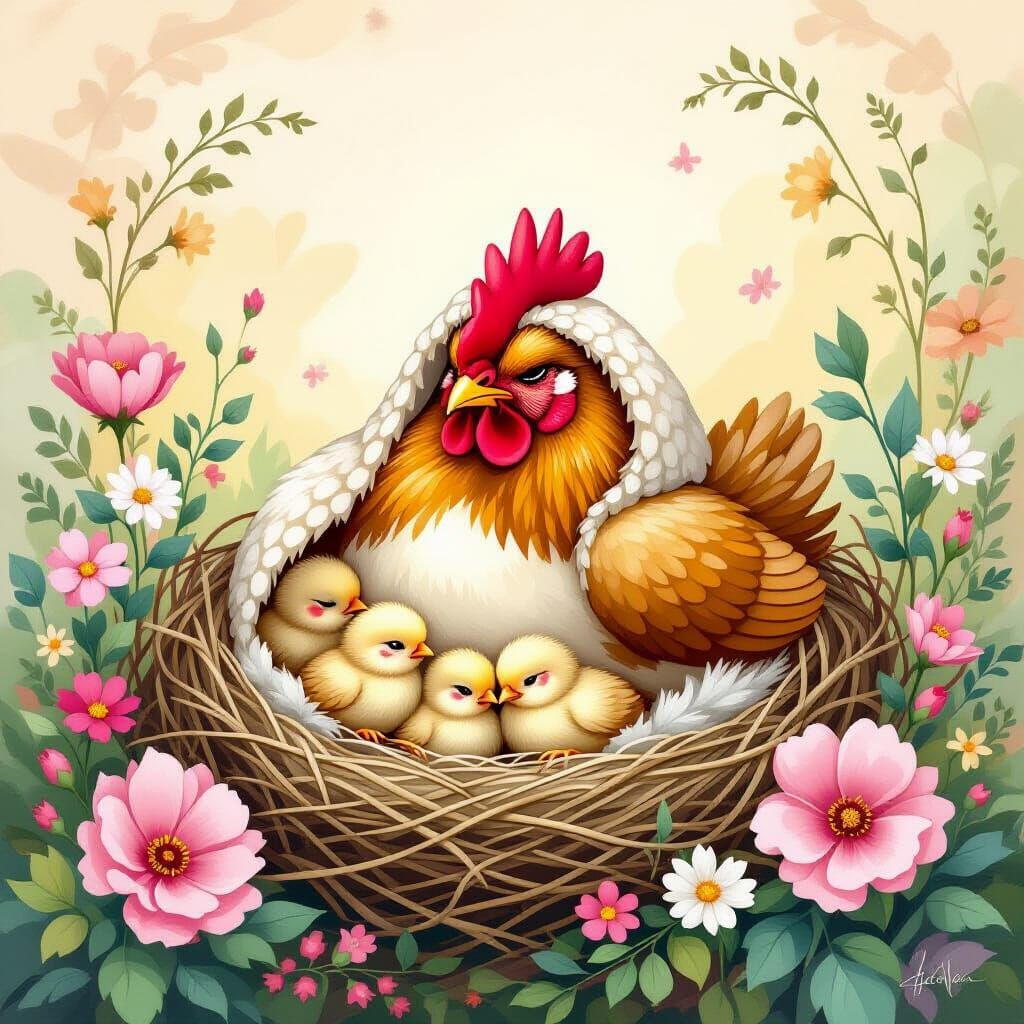 Fluffy Chicken Sleeps with Chicks in Pastel Whimsical Nest