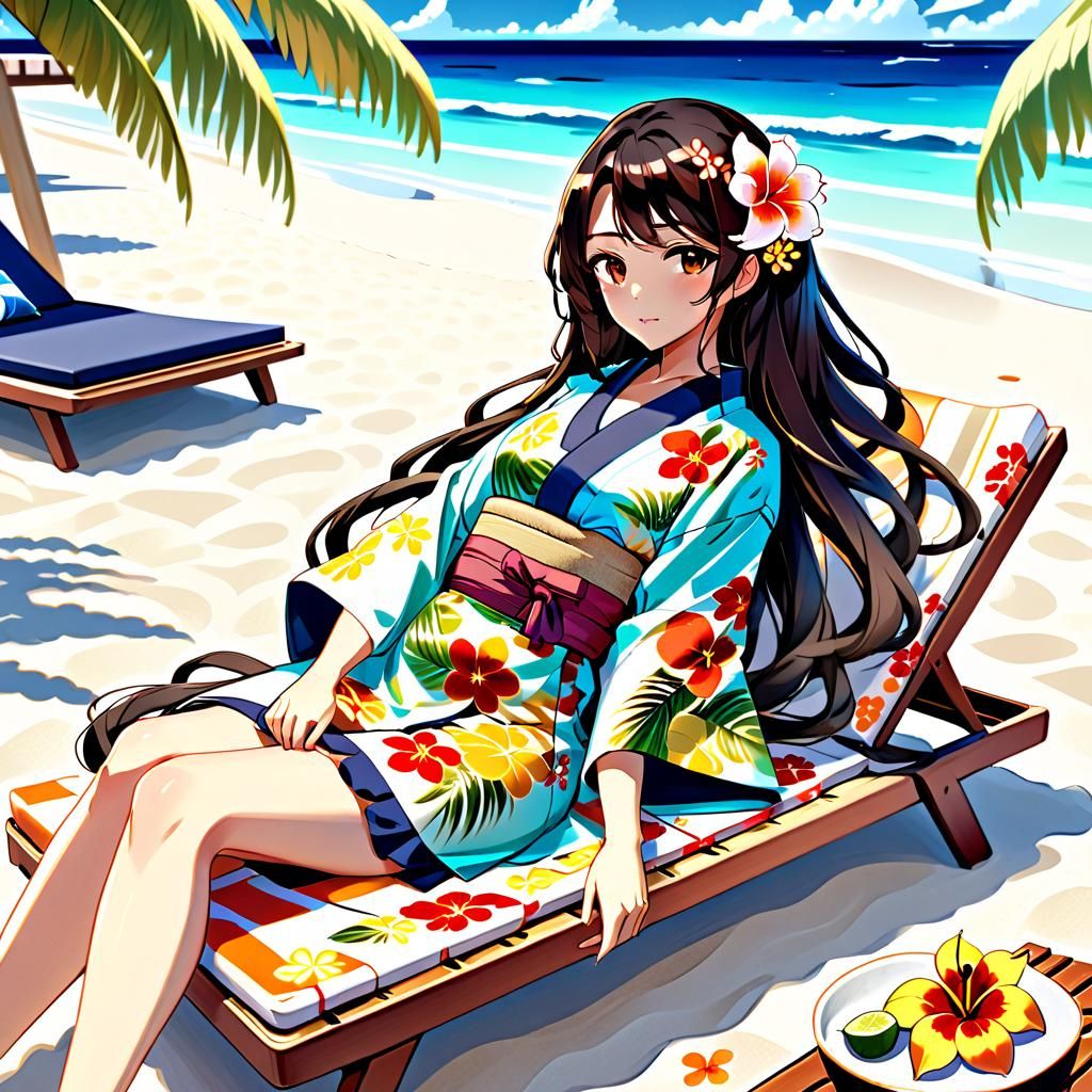 Anime Girl Lounging on Guam Beach in Manga Style