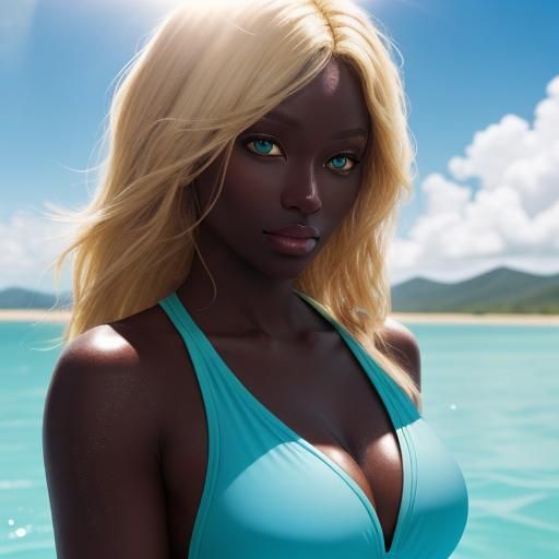 Blonde Woman in Blue Bathing Suit with Divine Light