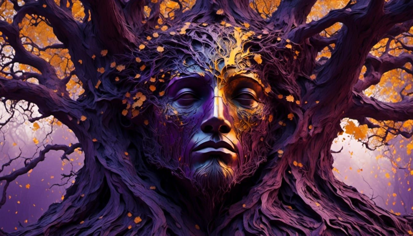 Wise Man's Face Embedded in Tree, Dark Fantasy Art