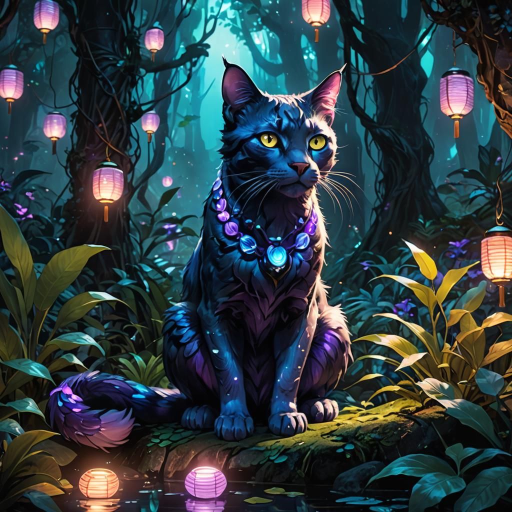 Space Cat Hunt in Bioluminescent Forest