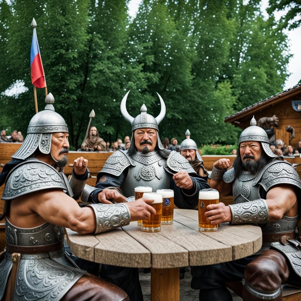 Genghis Khan's Bavarian Beer Garden Rest: Surreal Scene