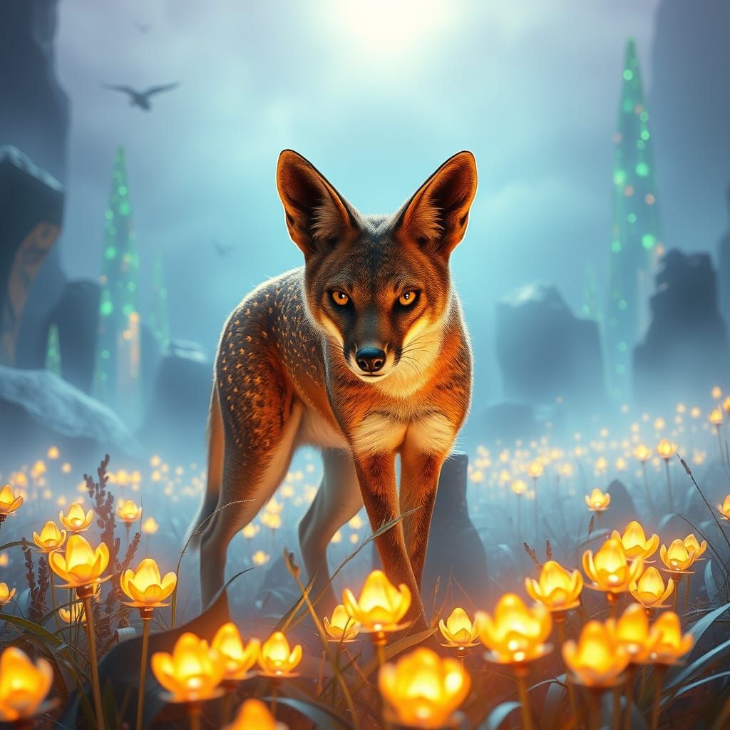 Metallic Golden Jackal in Bioluminescent Field