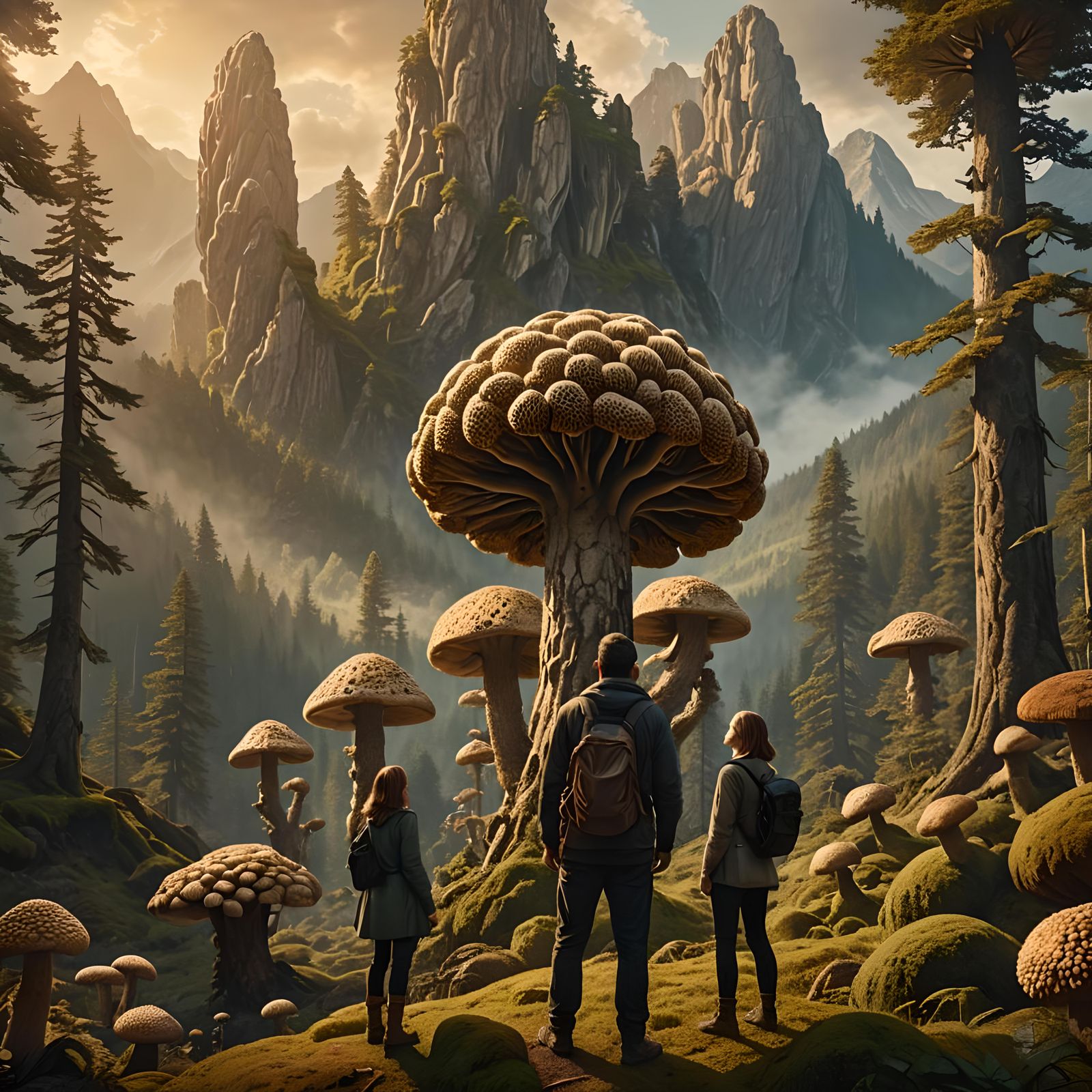 Giant Morel Mushrooms Forest in Golden Sunlight