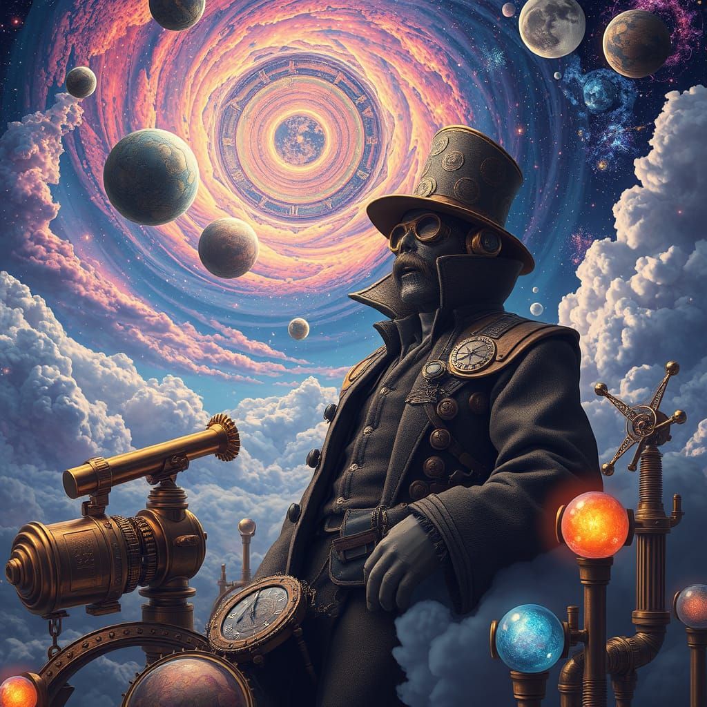 Steampunk Time Traveler in Cosmic Dreamscape