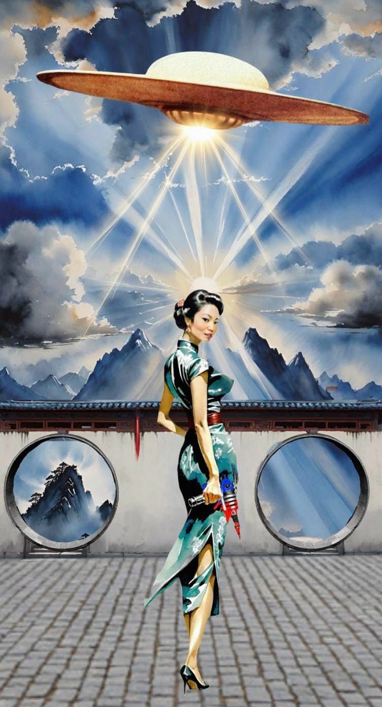 Surprised Woman with Ray Gun Near Moon Gates