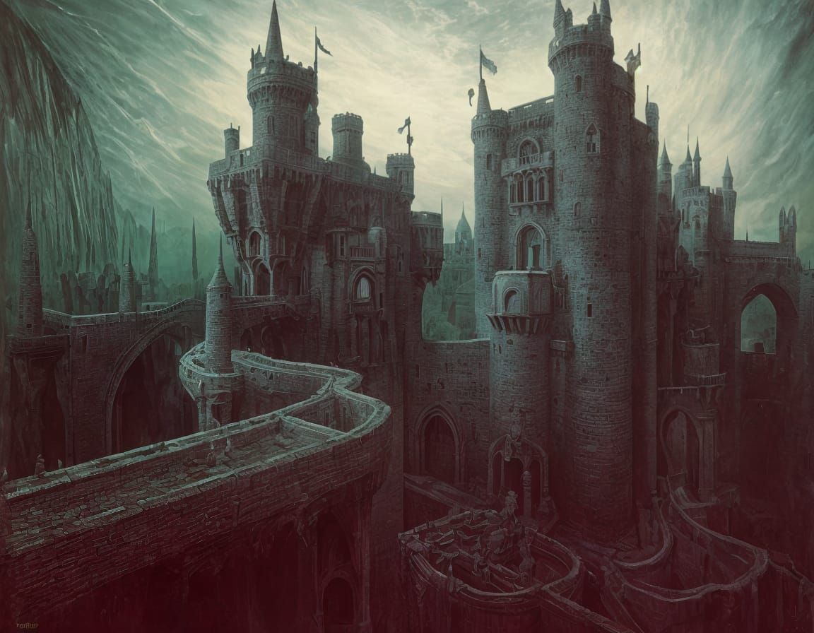 Surreal Castle Landscape in Dark, Dreamlike Aesthetic