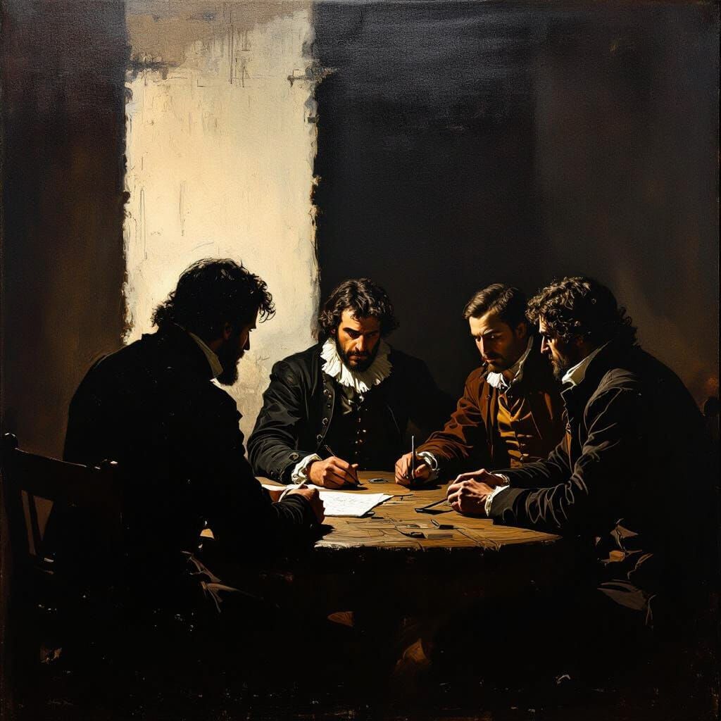 Bayard Interrogated in Dramatic Chiaroscuro Oil Painting