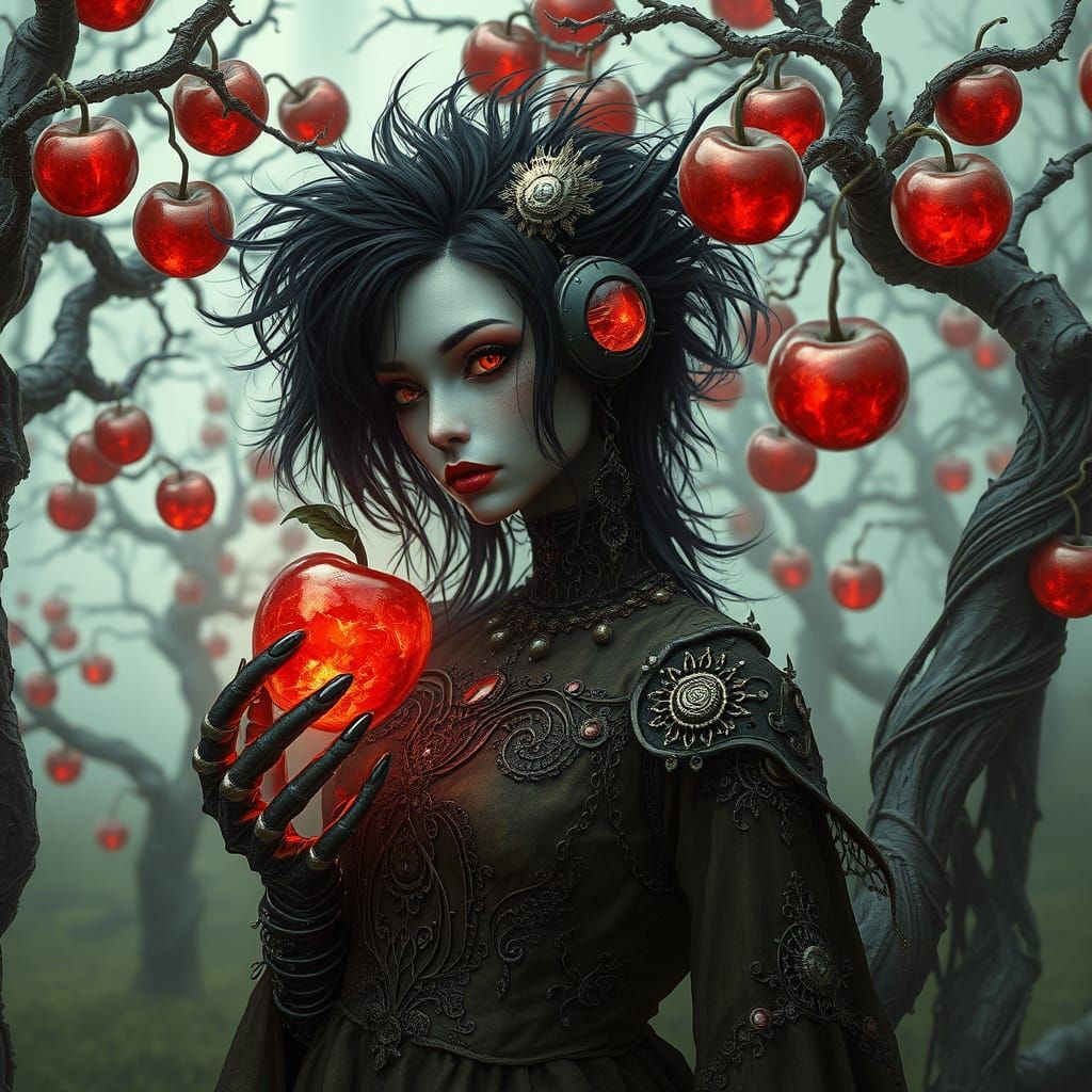 Android Witch Amidst Twisted Trees with Ruby Red Apples