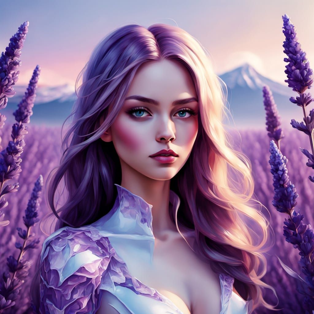 Amethyst Geode Woman in Lavender Field, Digital Painting