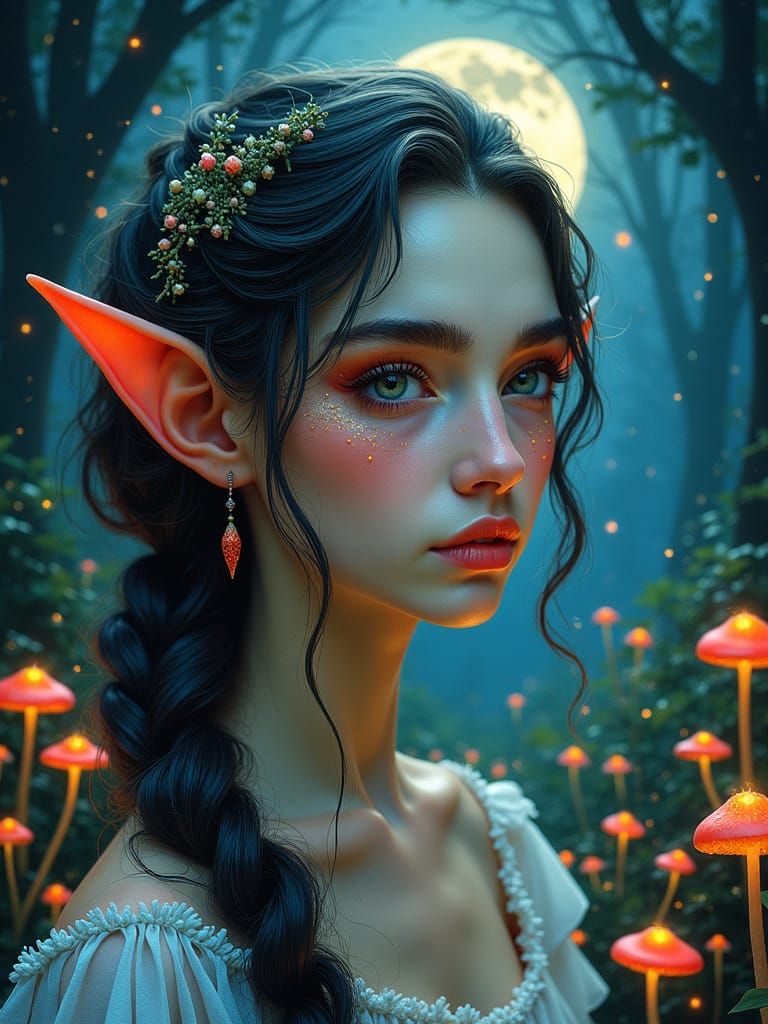 Ethereal Elf Portrait in Bioluminescent Forest