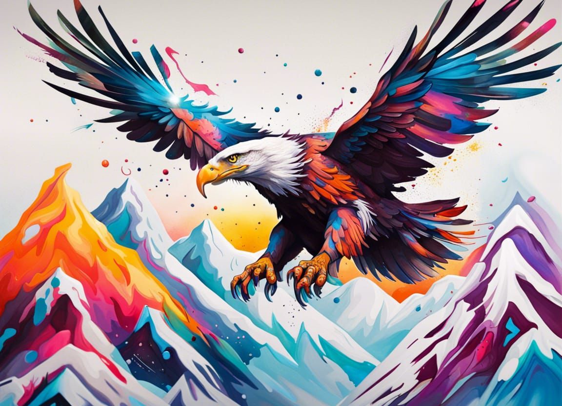 Eagle Soaring Over Mountains in Graffiti Art
