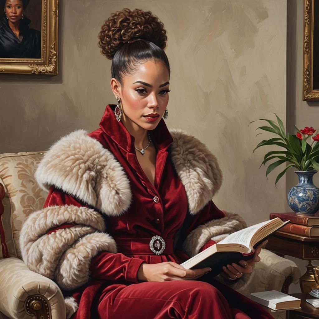 Regal African-American Woman Reading, Hyper-Realistic Oil Pa...