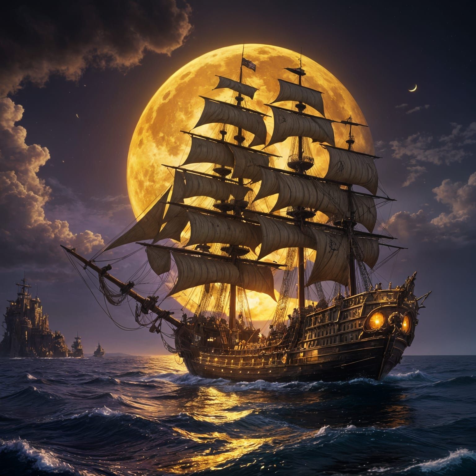 Pirate Ship Under Giant Golden Moon