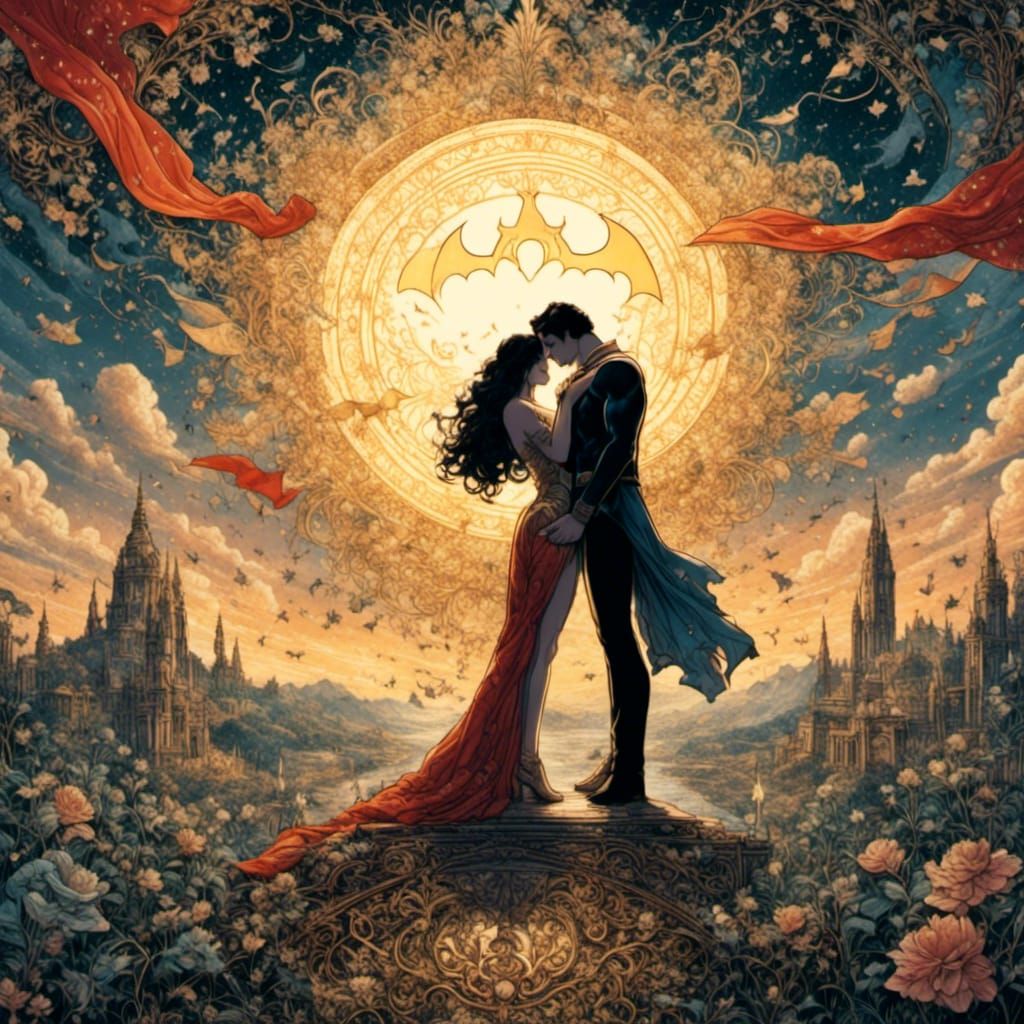 Superman and Wonder Woman Kiss in Chalk Art Style