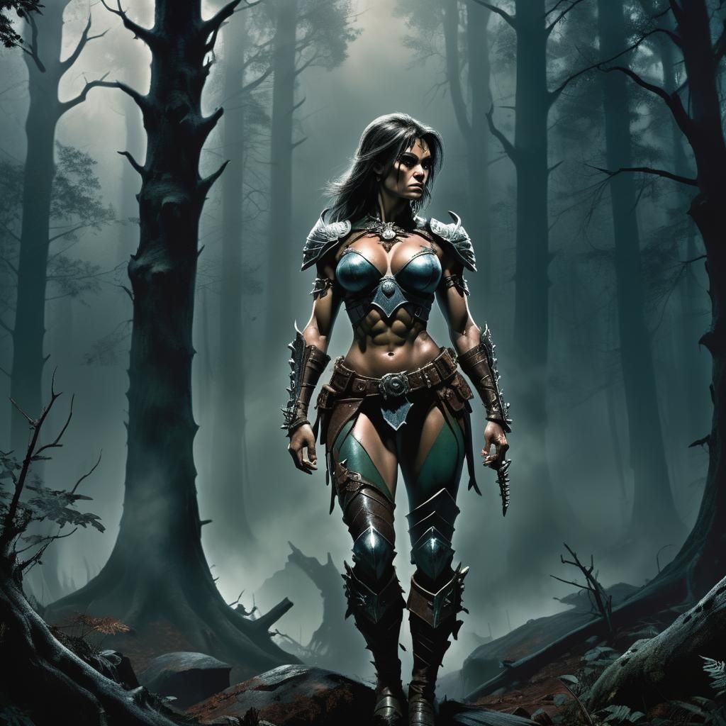 Dark Fantasy Woman in Forest, Bisley and Frazetta Style