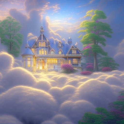 Victorian House on Cloud Island: Ethereal Fantasy Landscape