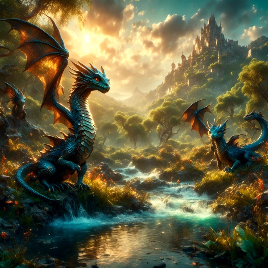 Blue Baby Dragons Reaching for Nuts on River