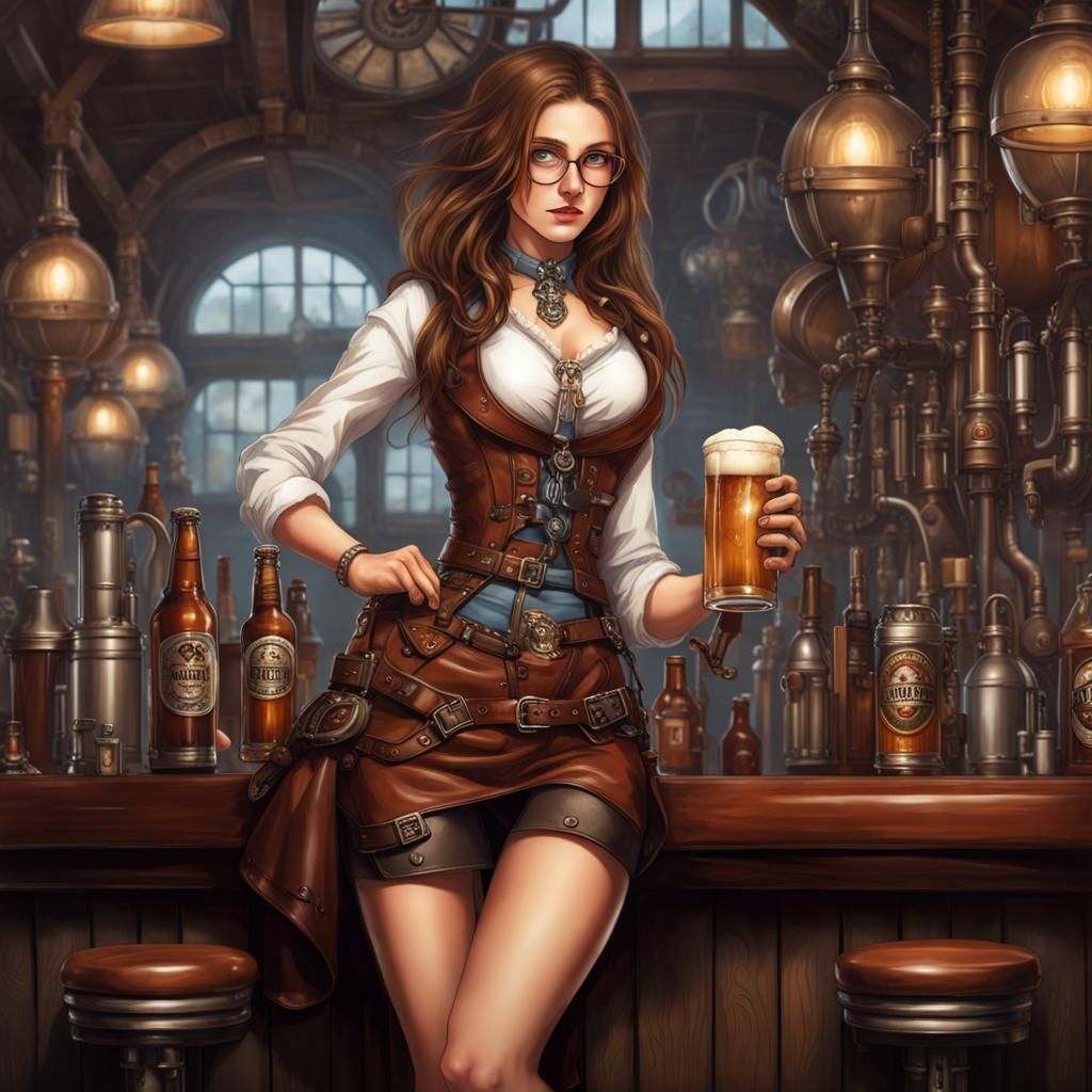 Steampunk Girl in Crowded Pub Scene