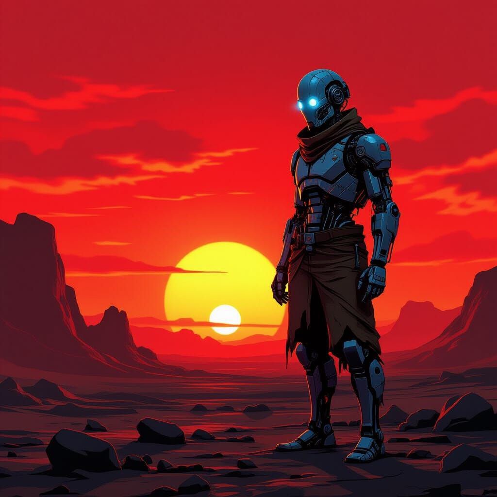 Cyborg Silhouette on Rocky Planet at Sunset