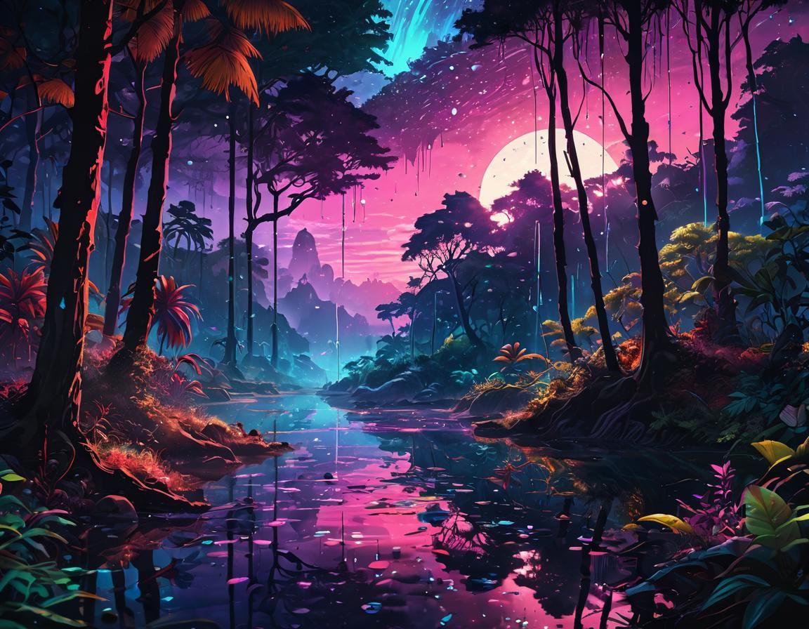 Luminous Rainforest Landscape with Iridescent Dew