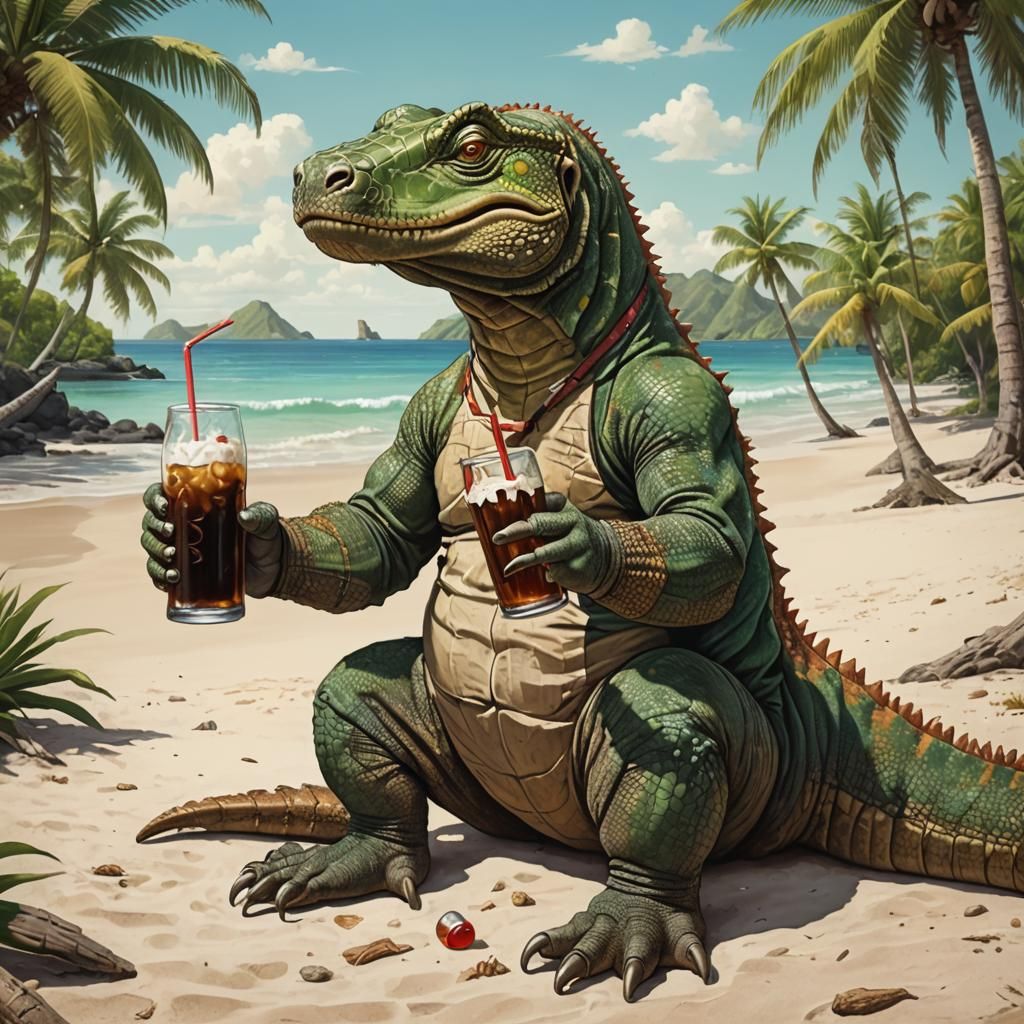 Komodo Dragon Sipping Root Beer on Tropical Beach
