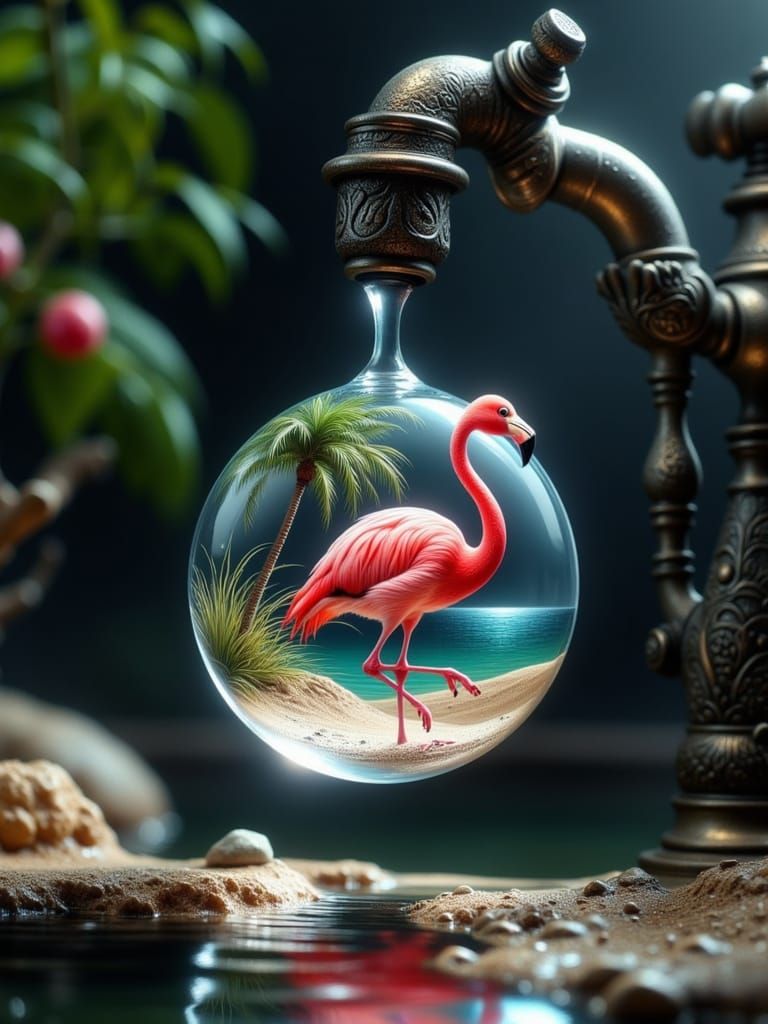Flamingo in Water Droplet Hanging from Faucet