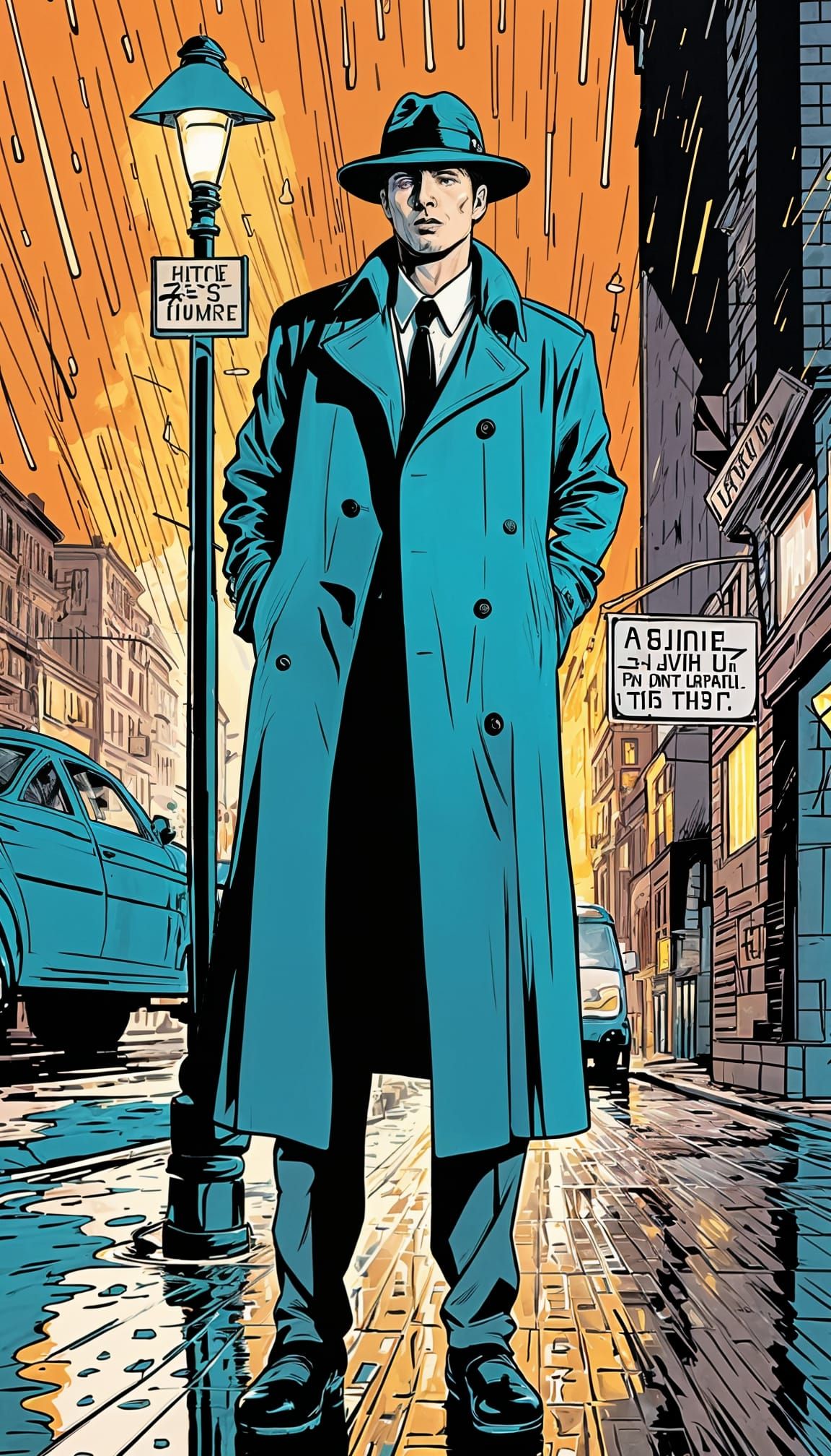 Moody Pop Art Detective Under the City Streetlamp