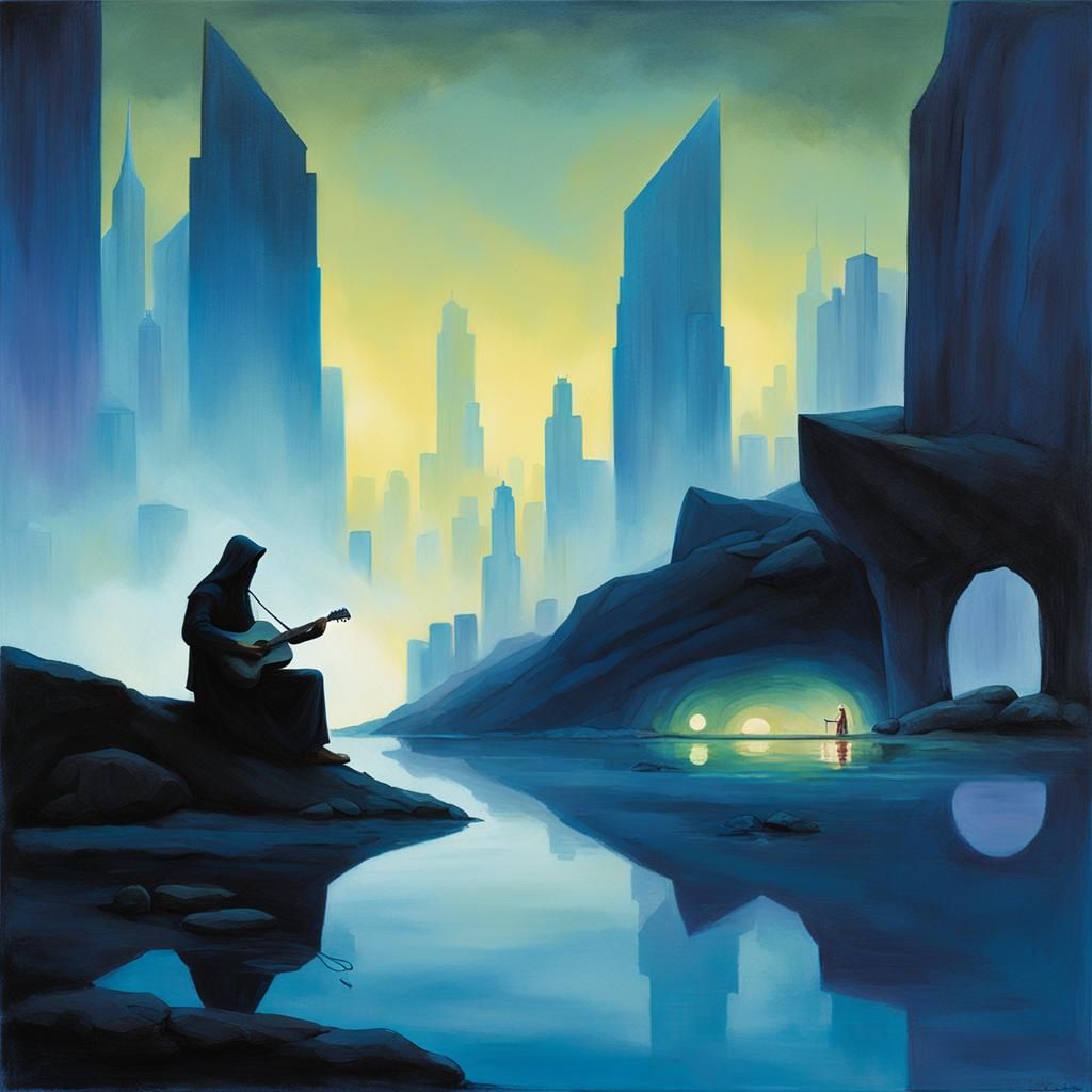 Musician in Shadow Plays Amid Futuristic Cityscape