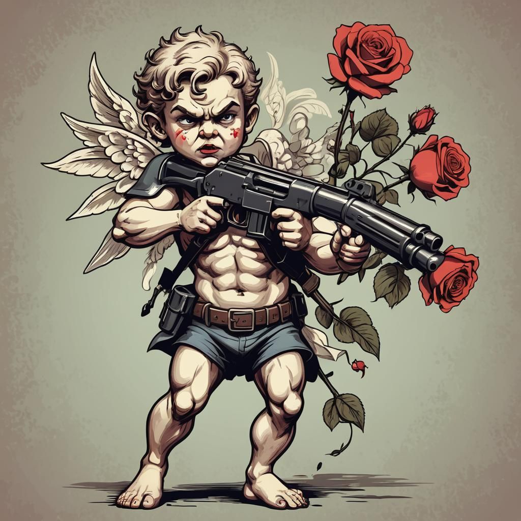 Angry Cupid with Gun and Rose Digital Art