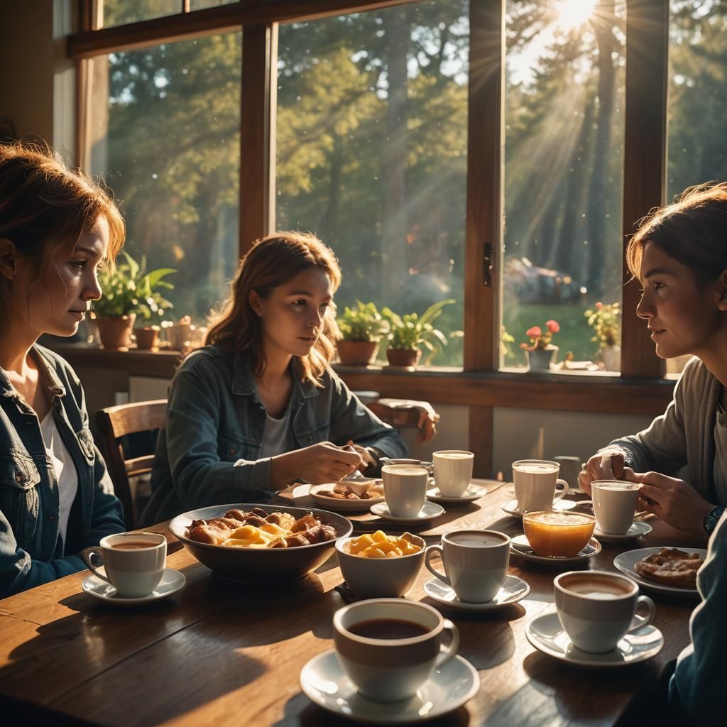 Family Breakfast in Golden Light: A Cinematic Still