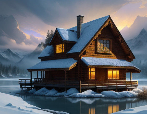 Winter Wonderland Wooden House Set in Golden Hour