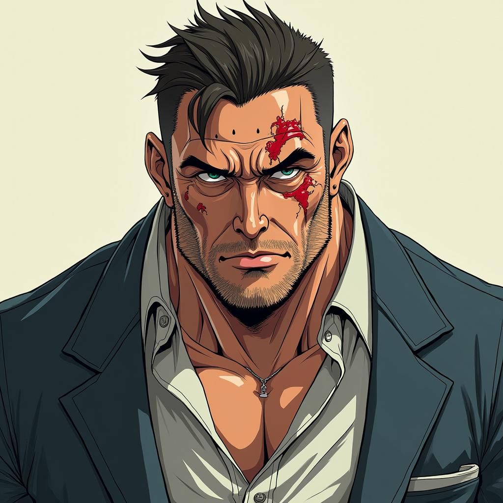 Pensive Scarred Man in Anime Style