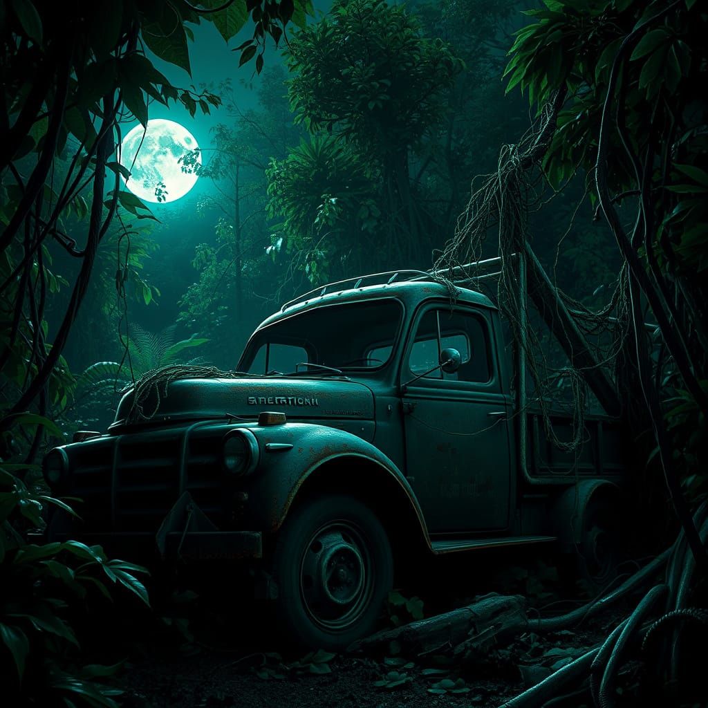 Haunted Vintage Truck in African Jungle Under Full Moon
