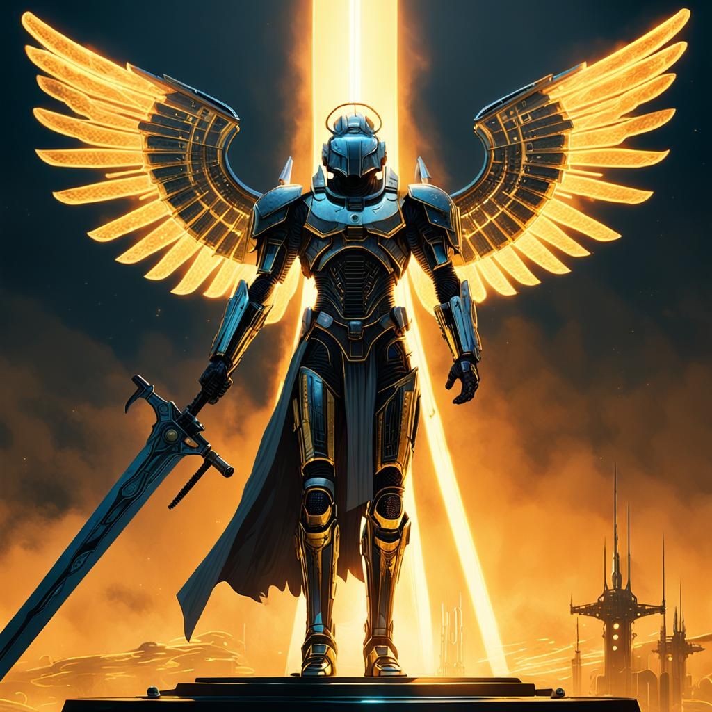 Epic Angel in a Blazing Solar Halo, Standing on a Metallic P...