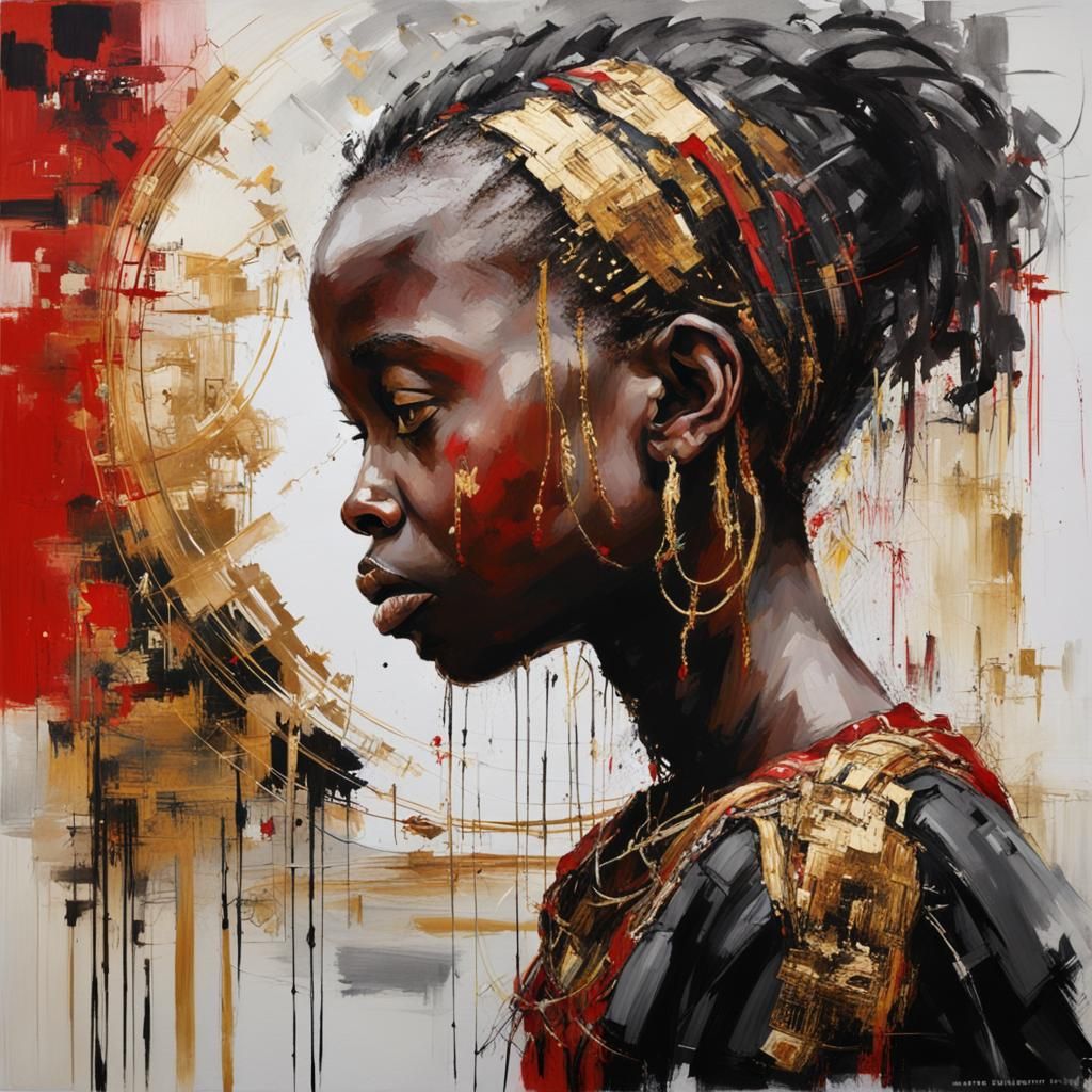 Emotional Congolese Girl in Gold Mirror, Intricate Details