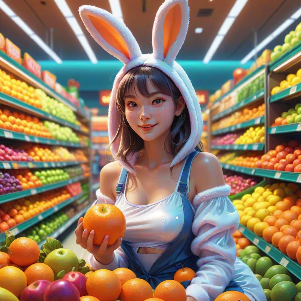 Woman in Bunny Suit Plays with Fruit, Digital Art
